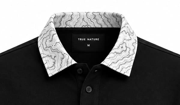 Close-up of the white geological contour collar on the black Land Form polo