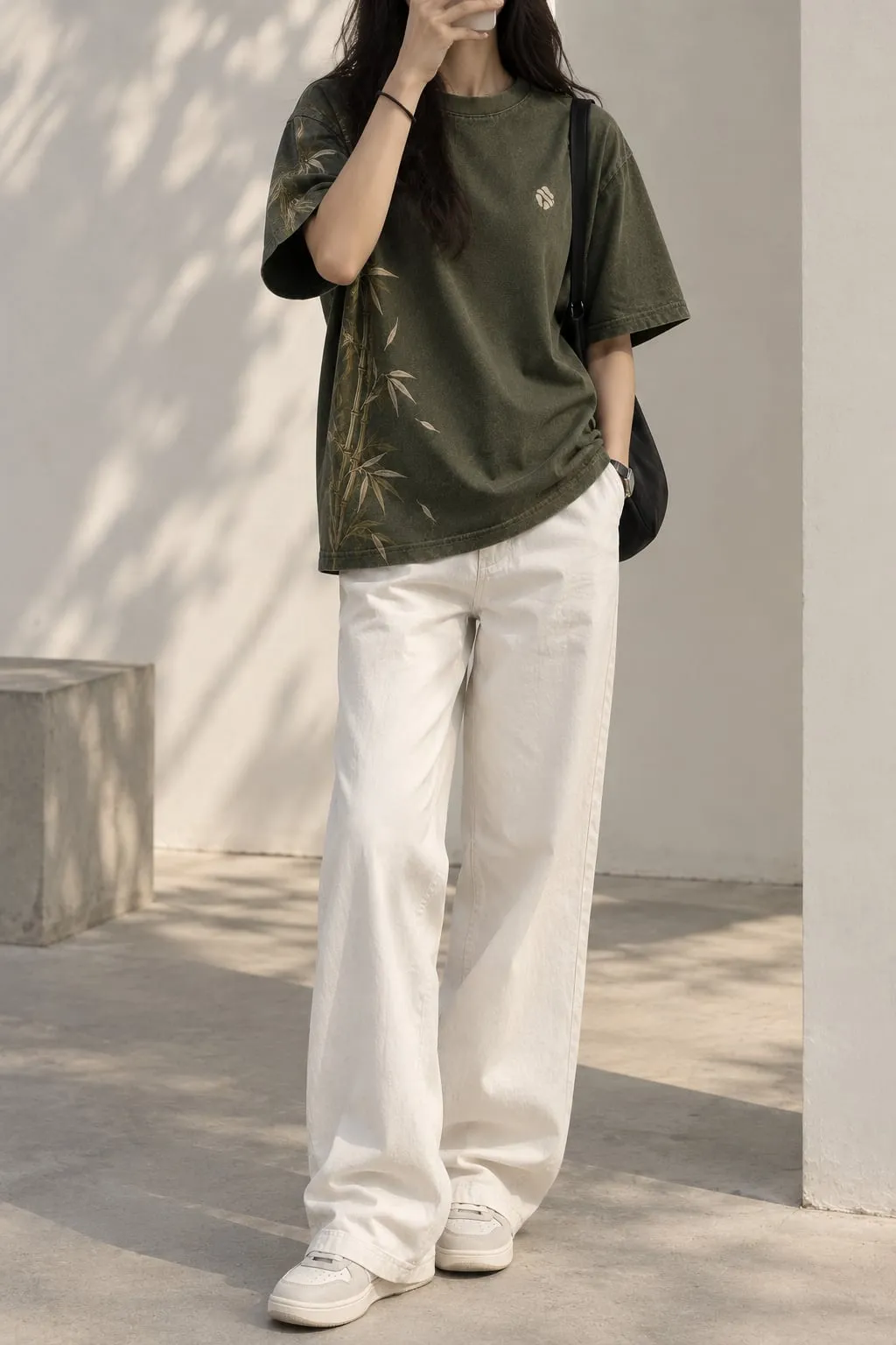 Bamboo Origin styled oversized with wide off-white trousers, full length