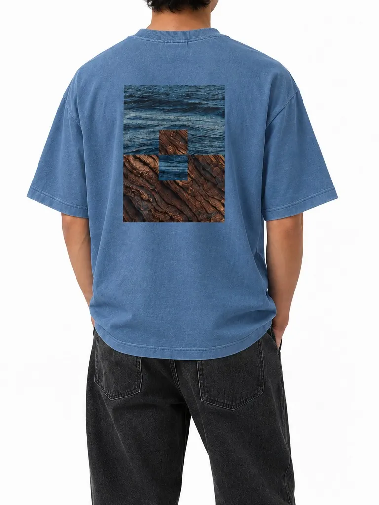 Ocean Relic 008 on a model, back, with the ocean-and-earth graphic
